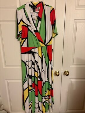 Ashley Stewart Green Red Yellow Black White Abstract Wrap Maxi Dress -New-
